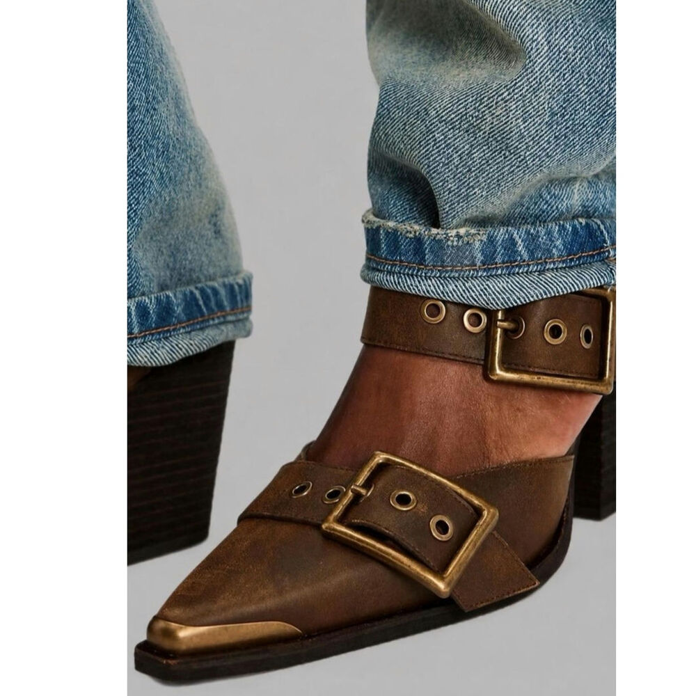 New Free People x Jeffrey Campbell Hendrix Heels $198 SIZE 8 Brown BUCKLES